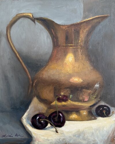 Cherries and Brass Pitcher by Lisa Mistiuk, Painting for Sale on Singulart