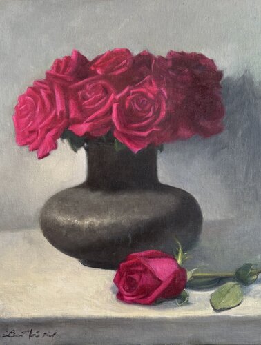 Hot Pink Roses in Antique Pot by Lisa Mistiuk, Painting for Sale on Singulart