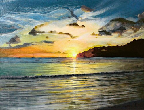 San Juan Del Sur, Sunset on the Pacific Coast van Rhia Janta-Cooper, Schilderij te koop op Singulart