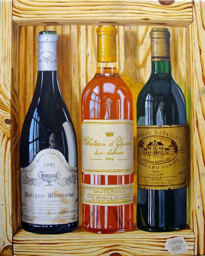 3 grands crus en trompe-l'oeil by Jean-Pierre Walter, Painting for Sale on Singulart