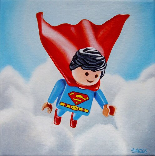 Mon Playmobil se prend pour Superman par Jean-Pierre Walter, Peinture en vente sur Singulart
