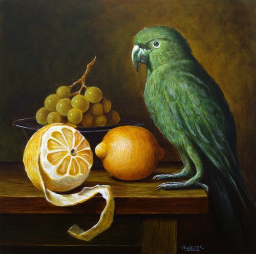 Citron pelé au perroquet // Peeled lemon with parrot by Jean-Pierre Walter, Painting for Sale on Singulart