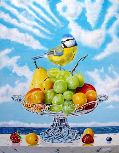 Ma mésange bleue est toujours au top // My blue tit is still at the top by Jean-Pierre Walter, Painting for Sale on Singulart