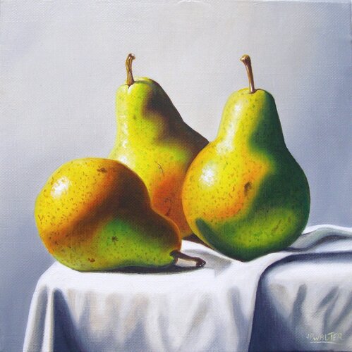 3 poires sur nappe // 3 pears on a tablecloth by Jean-Pierre Walter, Painting for Sale on Singulart