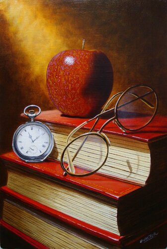 Pomme sur livres // Apple on books by Jean-Pierre Walter, 회화 for Sale on Singulart