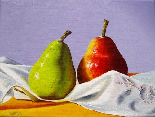 2 poires sur tissu // 2 pears on fabric van Jean-Pierre Walter, Schilderij te koop op Singulart