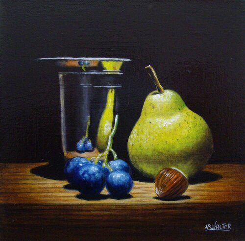 Poire et raisin en argent // Pear and grapes in silver by Jean-Pierre Walter, Painting for Sale on Singulart