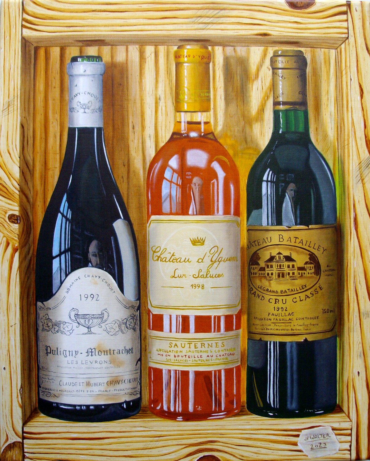 3 grands crus en trompe-l'oeil Jean-Pierre Walter Pintura original en venta