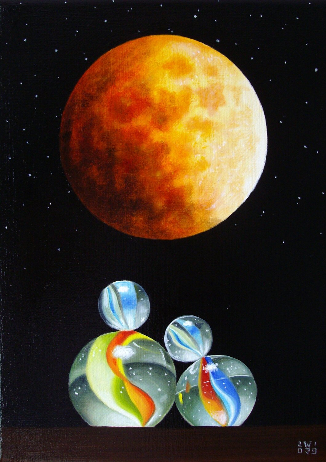 Des amoureux sous la Lune // Lovers under the moon Jean-Pierre Walter Origineel schilderij te koop