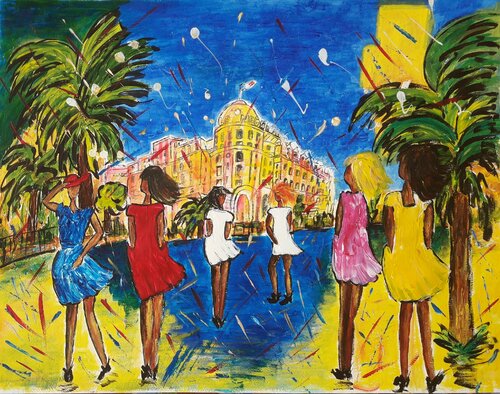 LES FILLES  DEVANT LE NEGRESCO van Christiane Guerry, Werk op papier te koop op Singulart