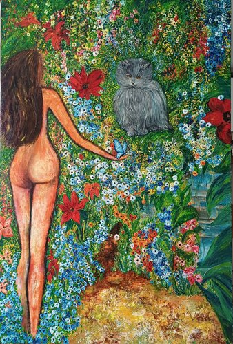 JEUNE FILLE AU CHAT AVEC L'OISEAU BLEU von Christiane Guerry, Malerei kaufen auf Singulart