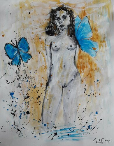 LE PAPILLON BLEU SUR L'EPAULE van Christiane Guerry, Werk op papier te koop op Singulart