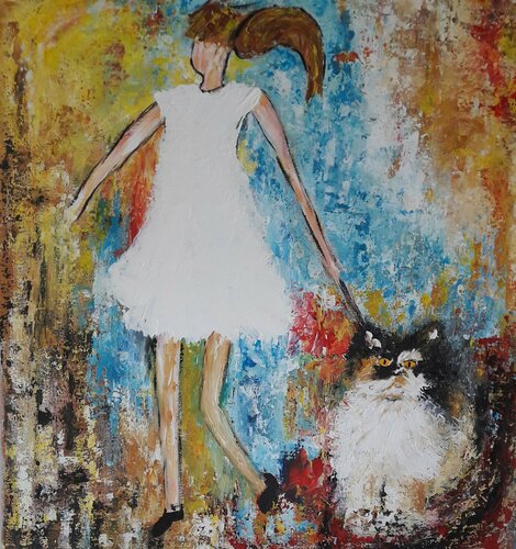 LA PETITE FILLE AU CHAT di Christiane Guerry, Pittura in vendita su Singulart