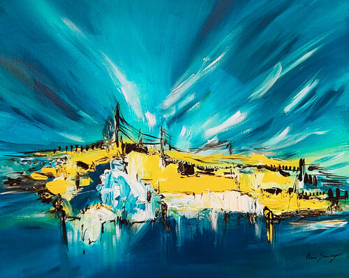 Le pont du sable - tableau abstrait bleu et jaune van ÂME SAUVAGE, Schilderij te koop op Singulart