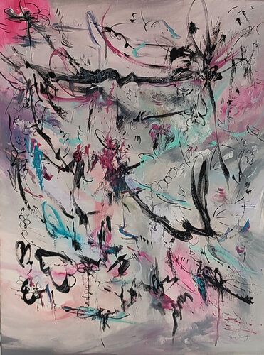 Perchés sur les branches - tableau gris rose moderne von ÂME SAUVAGE, Malerei kaufen auf Singulart