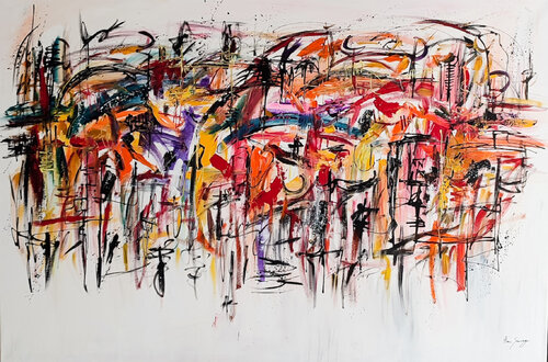 La musique prend vie - tableau multicolore de grand format van ÂME SAUVAGE, Schilderij te koop op Singulart