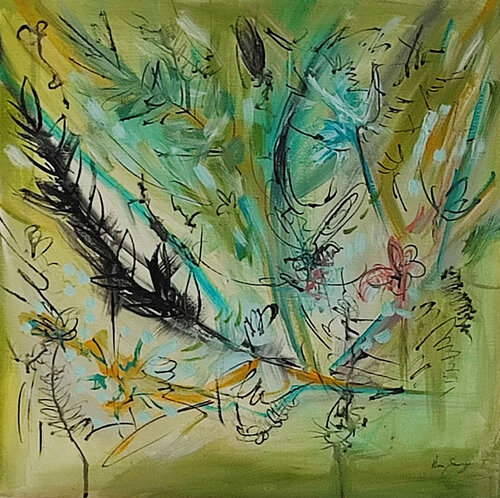 La plume - tableau abstrait vert by ÂME SAUVAGE, Painting for Sale on Singulart