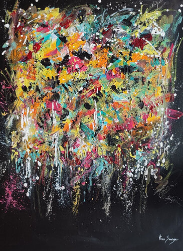Les fleurs du néant - tableau abstrait coloré sur fond noir by ÂME SAUVAGE, Painting for Sale on Singulart