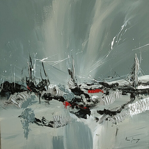 L'observateur - tableau abstrait gris rouge argent noir blanc van ÂME SAUVAGE, Schilderij te koop op Singulart