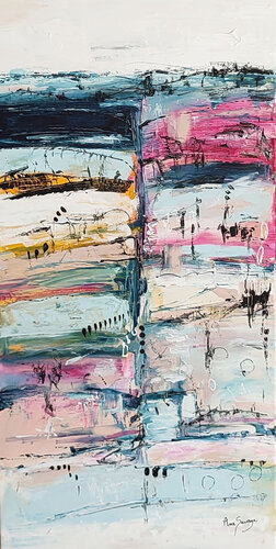 Les étages supérieurs - tableau abstrait vertical panoramique bleu rose blanc di ÂME SAUVAGE, Pittura in vendita su Singulart