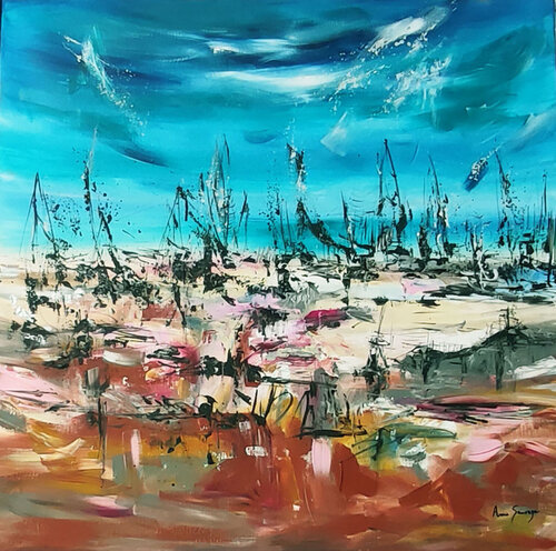 Une fin paisible - grand tableau bleu marron moderne di ÂME SAUVAGE, Pittura in vendita su Singulart