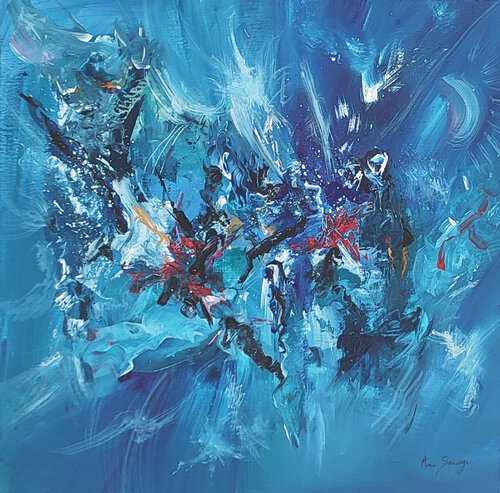 Créatures marines - tableau abstrait bleu van ÂME SAUVAGE, Schilderij te koop op Singulart