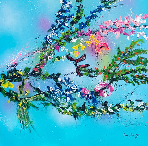 Plante fleurie et bleu profond - peinture abstraite fleurs de ÂME SAUVAGE, Pintura a la venta en Singulart