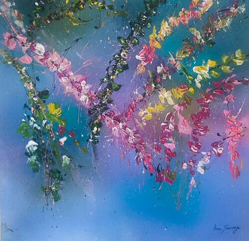 Les fleurs du ciel - tableau fleurs moderne by ÂME SAUVAGE, Painting for Sale on Singulart