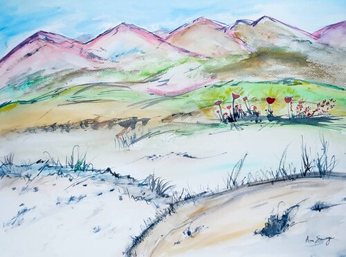 Les montagnes roses - aquarelle paysage de ÂME SAUVAGE, Pintura a la venta en Singulart