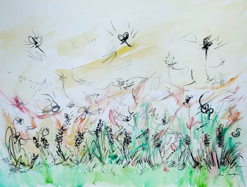 Fleurs noires - aquarelle moderne fleurs de ÂME SAUVAGE, Pintura a la venta en Singulart