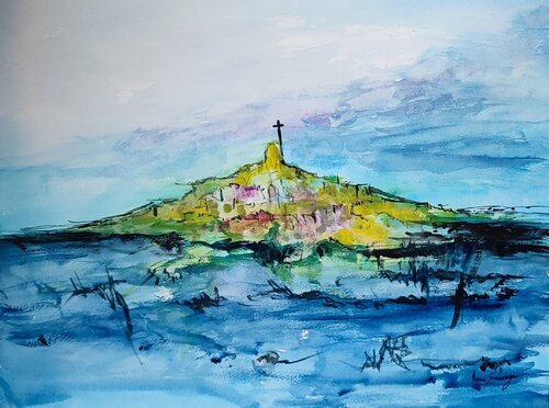 L'île sainte - peinture aquarelle abstraite paysage de ÂME SAUVAGE, Pintura a la venta en Singulart