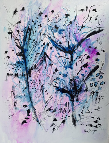 Vol des oiseaux noirs - Aquarelle abstraite de ÂME SAUVAGE, Pintura a la venta en Singulart