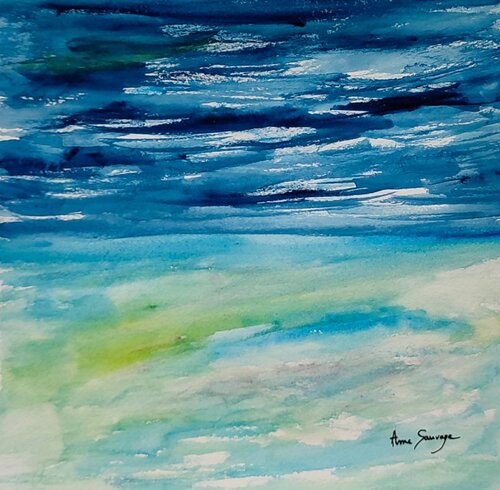 Vue du ciel - peinture à l'aquarelle d'un paysage marin de ÂME SAUVAGE, Pintura a la venta en Singulart