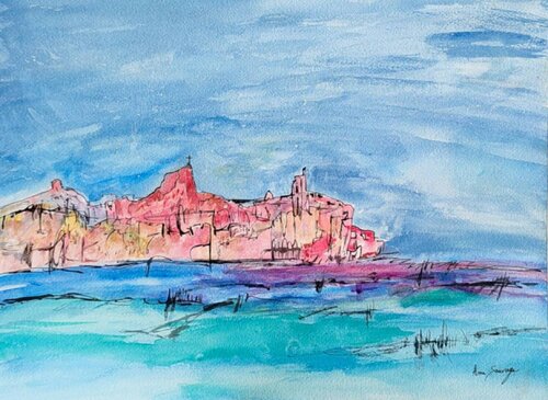 La côte rose - peinture aquarelle moderne océan de ÂME SAUVAGE, Pintura a la venta en Singulart