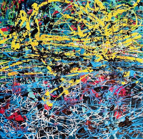 Connexions cérébrales - tableau abstrait avec reliefs matières bleu jaune rouge von ÂME SAUVAGE, Malerei kaufen auf Singulart