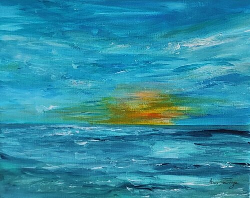 Crépuscule sur l'océan - tableau abstrait mer coucher de soleil van ÂME SAUVAGE, Schilderij te koop op Singulart