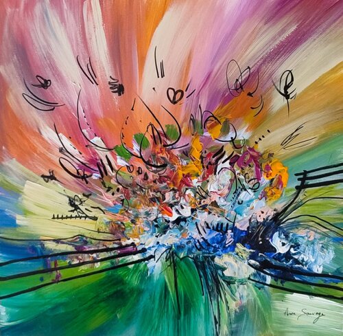 Un bouquet pour papillons - tableau multicolore van ÂME SAUVAGE, Schilderij te koop op Singulart