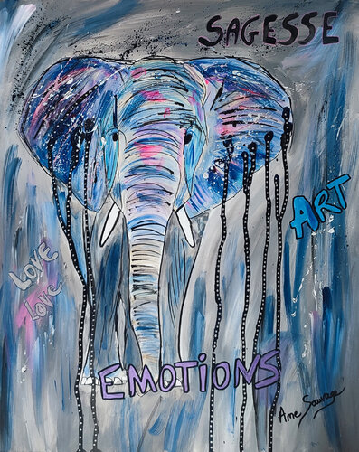 Le grand sage de la nature - tableau éléphant van ÂME SAUVAGE, Schilderij te koop op Singulart