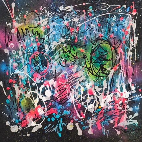 Le ciel effacé - tableau abstrait design multicolore sur fond noir van ÂME SAUVAGE, Schilderij te koop op Singulart