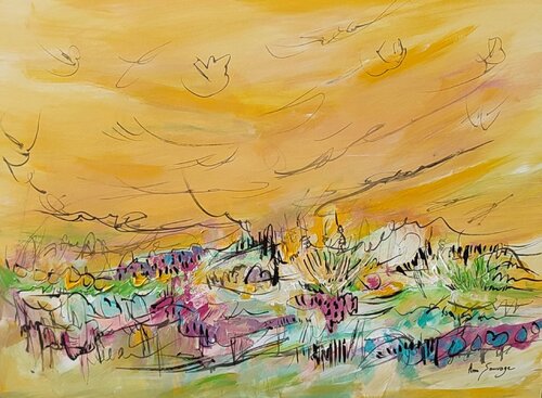 Jardin des hauteurs - tableau abstrait jaune van ÂME SAUVAGE, Schilderij te koop op Singulart