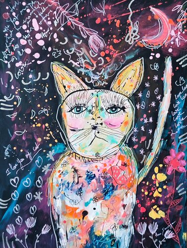Le chat rose - tableau peinture chat von ÂME SAUVAGE, Malerei kaufen auf Singulart
