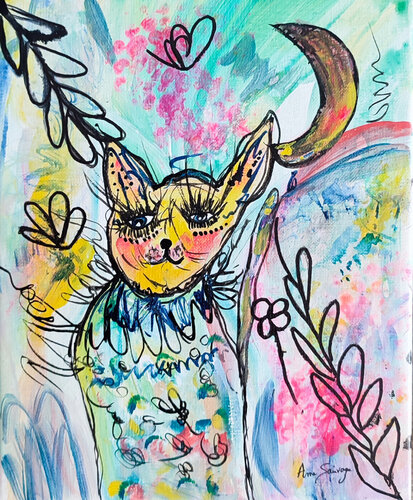 Le chat et la lune 2 - tableau chat coloré de ÂME SAUVAGE, Pintura a la venta en Singulart