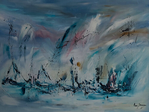 Dieux des mers - tableau abstrait bleu bateaux par ÂME SAUVAGE, Peinture en vente sur Singulart