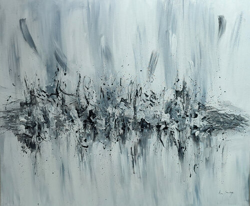 Tempête de neige - tableau abstrait gris noir blanc di ÂME SAUVAGE, Pittura in vendita su Singulart