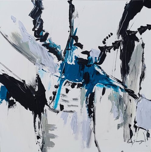 Croisement - tableau minimaliste noir blanc bleu van ÂME SAUVAGE, Schilderij te koop op Singulart