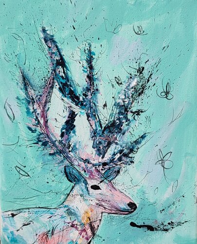 Blue cerf - tableau cerf de ÂME SAUVAGE, Pintura a la venta en Singulart
