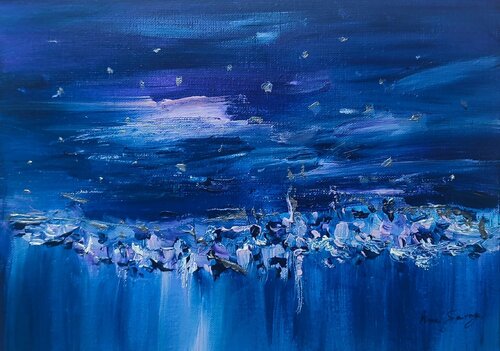 Une course effrénée - tableau abstrait violet bleu di ÂME SAUVAGE, Pittura in vendita su Singulart