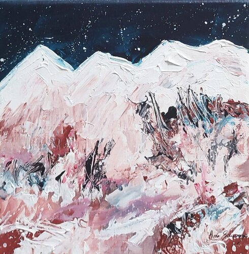 Les étoiles sur les montagnes - tableau abstrait hiver neige montagnes di ÂME SAUVAGE, Pittura in vendita su Singulart