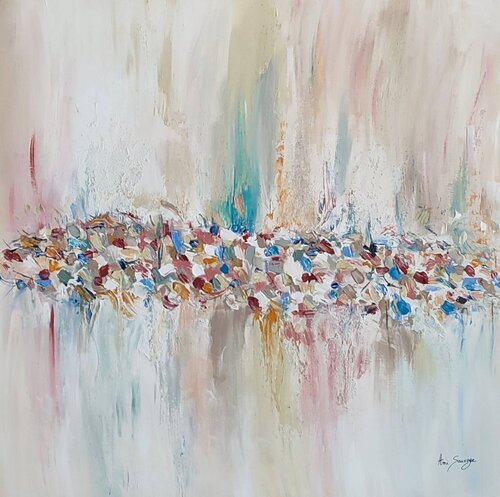 Tapis de fleurs - grand tableau minimaliste épuré beige di ÂME SAUVAGE, Pittura in vendita su Singulart