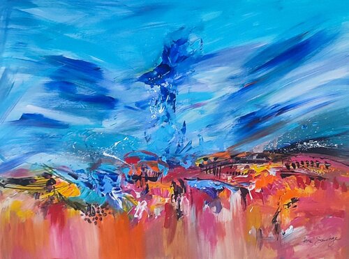 Feu sur la terre - tableau abstrait rouge orange bleu ÂME SAUVAGE
